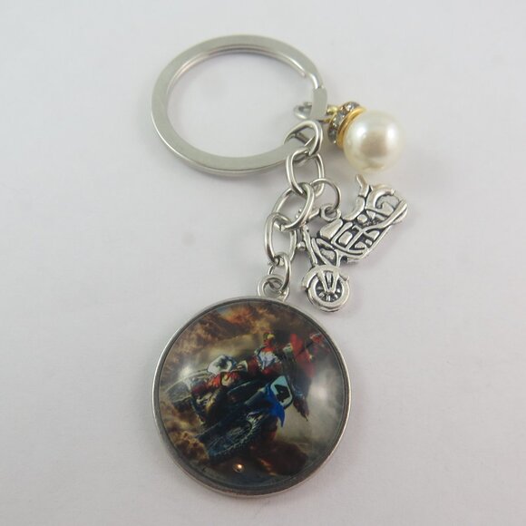 Motocross Keychain with Bike Charm Dirt Bike Key Ring Pearl Accent Racing Gift - Picture 1 of 4